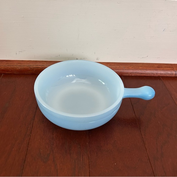 Glasbake Other - Vintage Glasbake J 2057 14 Blue Soup/bake bowl with handle milk glass made USA